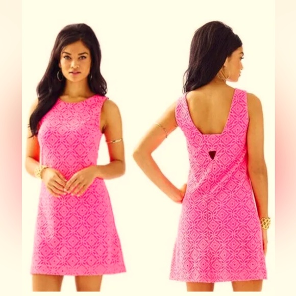 Lilly Pulitzer Dresses & Skirts - Lilly Pulitzer Callie Kir Royal Pink Trellis Knit Lace Shift Dress